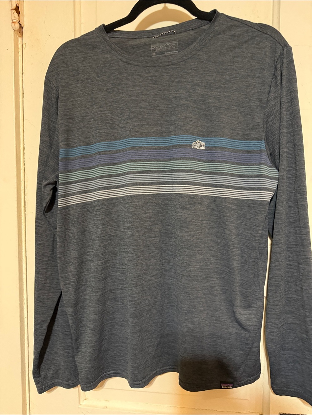Men's Long Sleeve Heather Blue Crewneck Shirt with Striped Chest